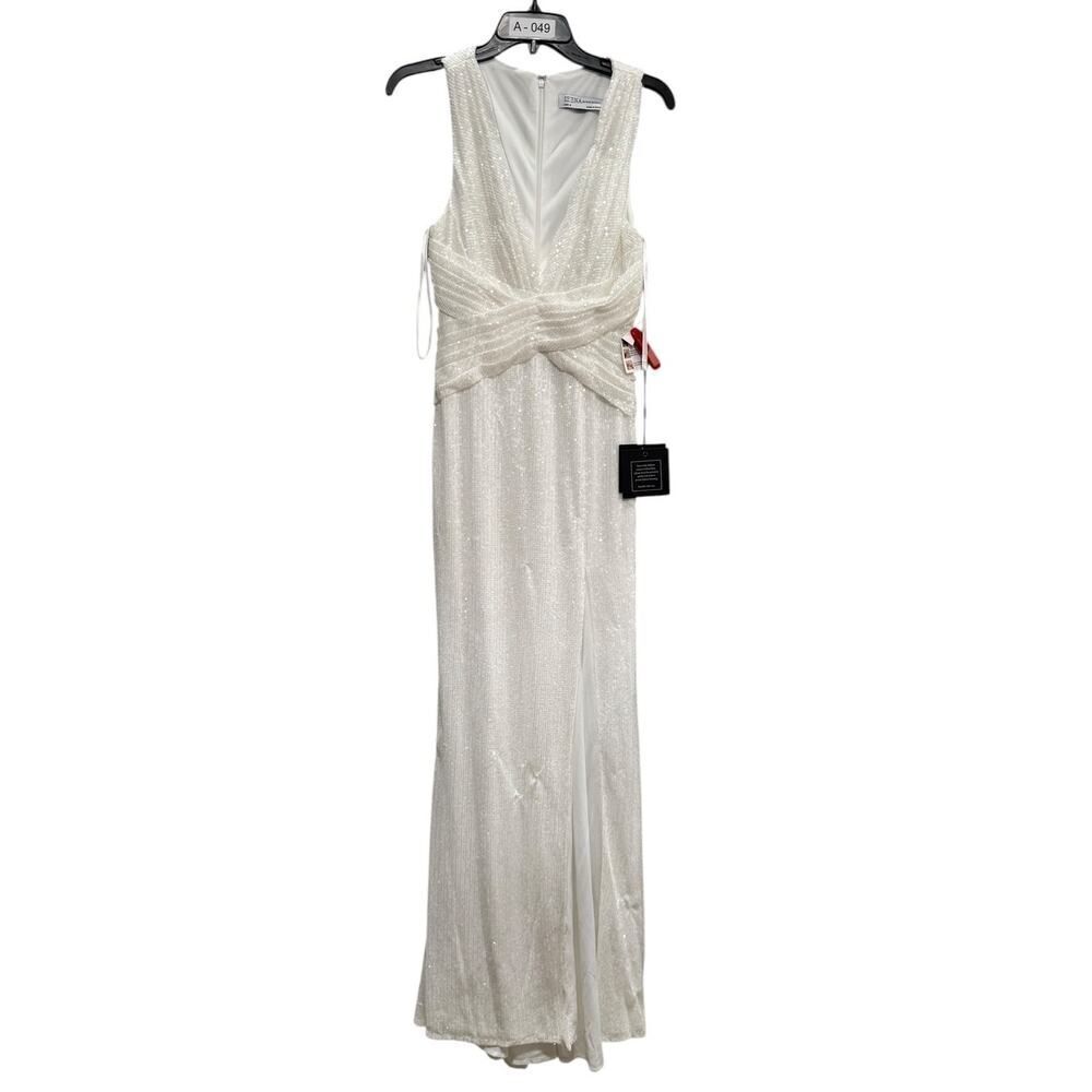 Ieena for Mac Duggal White V-Neck Sequin Wrap Waist Gown - Size 6 - NWT